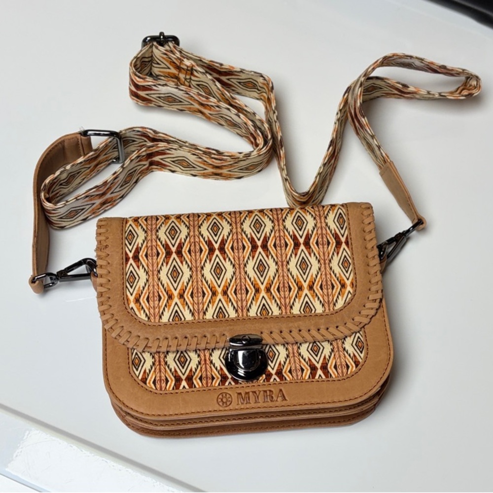 Myra Bag Geometric Tan and Brown Crossbody Sonora Sunset in Desert Sage S-12886